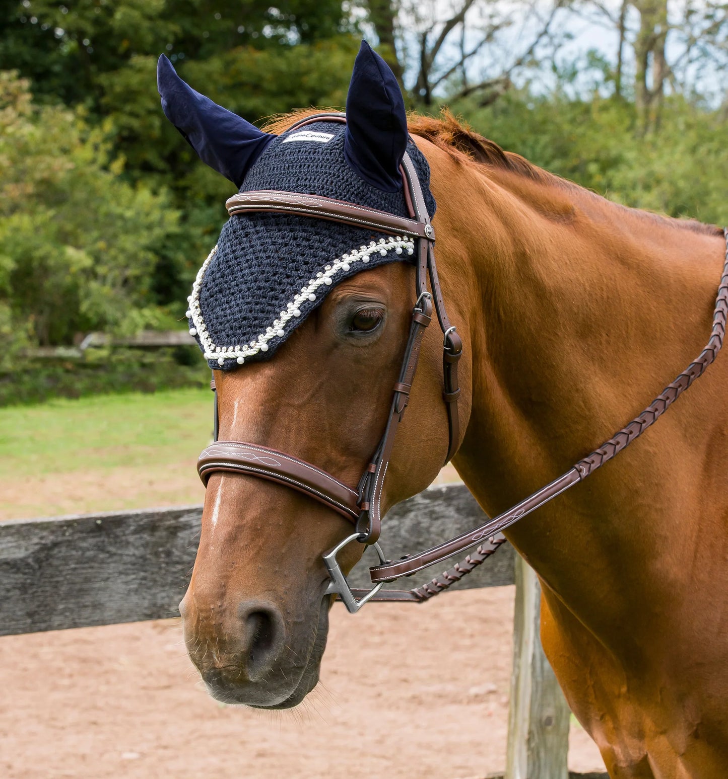 EQUINE COUTURE FLY BONNET WITH PEARLS AND CRYSTALS