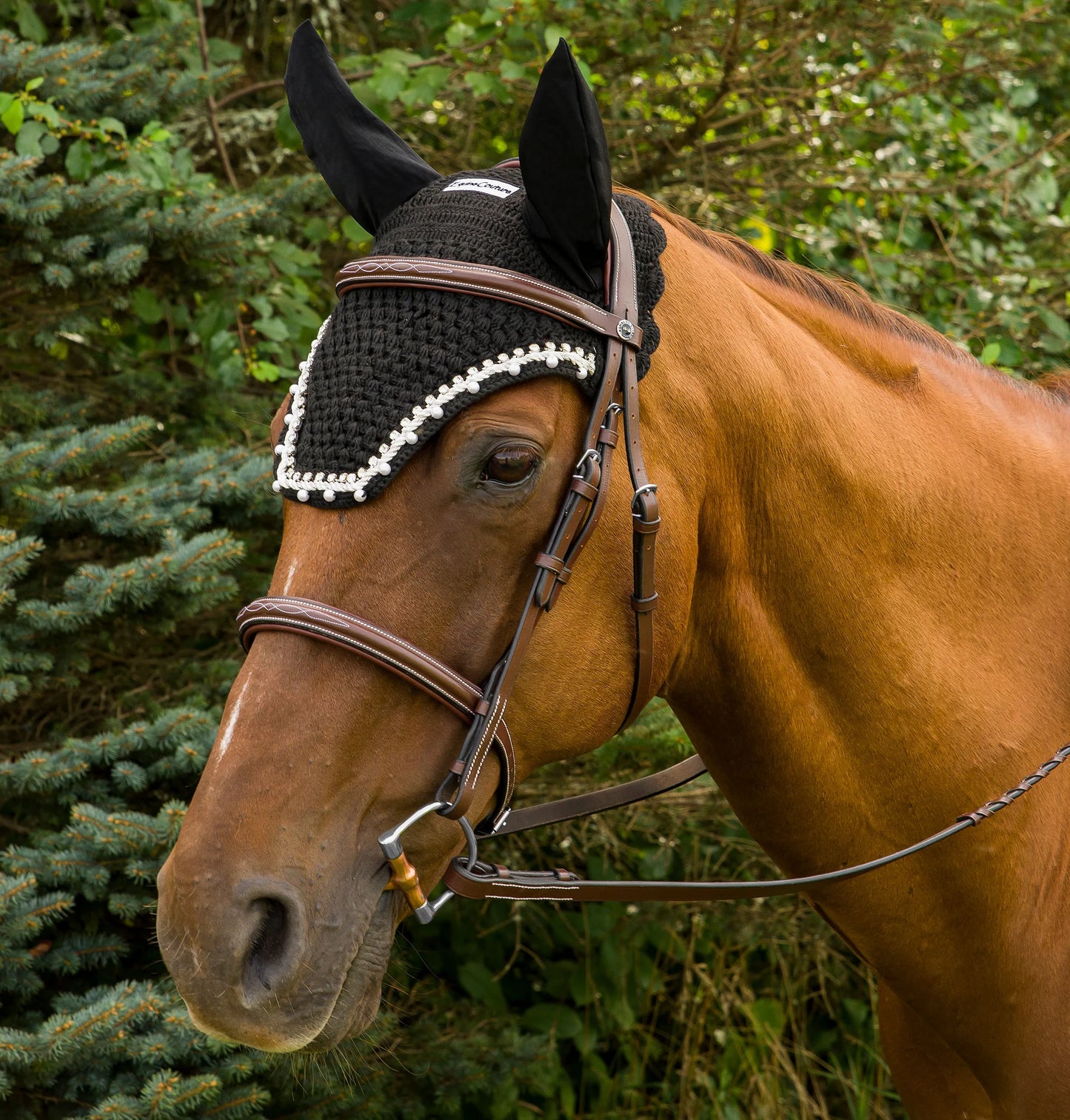 EQUINE COUTURE FLY BONNET WITH PEARLS AND CRYSTALS
